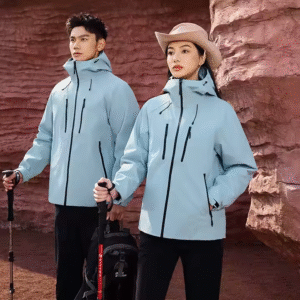 OEM/ODM Custom Waterproof Hard Shell Hooded Jacket for Outdoor Sports Mountain Running Hiking Skiing Windbreak Rain Coat-Light Blue