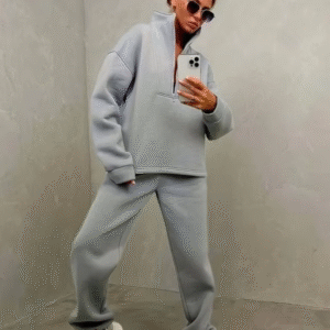 Custom Logo Jogger Set Cotton Fleece Hoodies Oversize Half Zip Tracksuit Sweatshirts and Sweatpants Sweatsuits Set Women-Gray