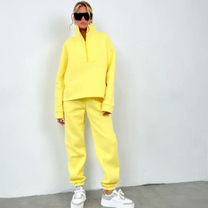 Custom Logo Jogger Set Cotton Fleece Hoodies Oversize Half Zip Tracksuit Sweatshirts and Sweatpants Sweatsuits Set Women-Yellow