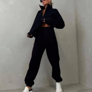 Custom Logo Jogger Set Cotton Fleece Hoodies Oversize Half Zip Tracksuit Sweatshirts and Sweatpants Sweatsuits Set Women-Black