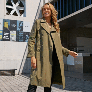 Factory Directly Supply Custom Double Breasted Jackets Classic Long Windproof Belt Trench Coat Women Long Trench Coat-Green