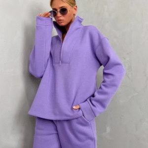 Custom Logo Jogger Set Cotton Fleece Hoodies Oversize Half Zip Tracksuit Sweatshirts and Sweatpants Sweatsuits Set Women-Purple