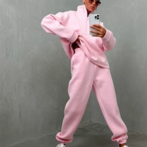 Custom Logo Jogger Set Cotton Fleece Hoodies Oversize Half Zip Tracksuit Sweatshirts and Sweatpants Sweatsuits Set Women-Pink